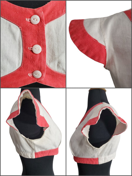 50s Crop Top in Cream and Red Cotton Twill