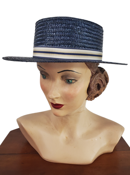 80s Edwardian-style boater hat in navy straw
