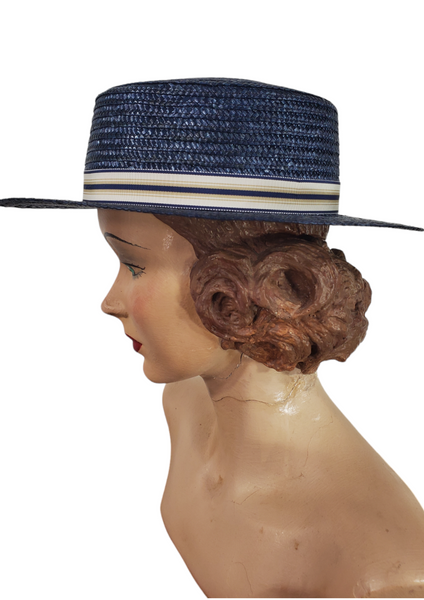 navy straw boater hat