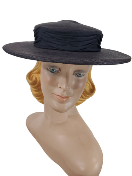 50s Navy Blue Straw Boater Hat