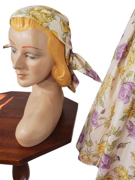 50s 60s Purple + Yellow Roses Sundress Matching Scarf