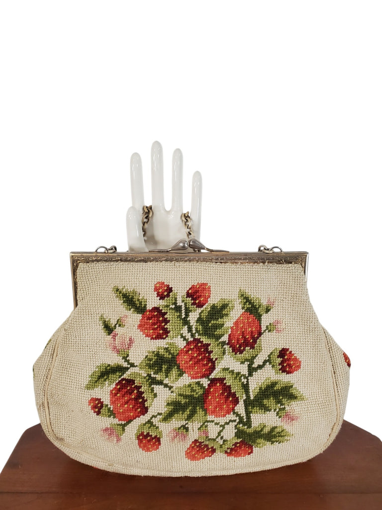vintage strawberry needlepoint large purse