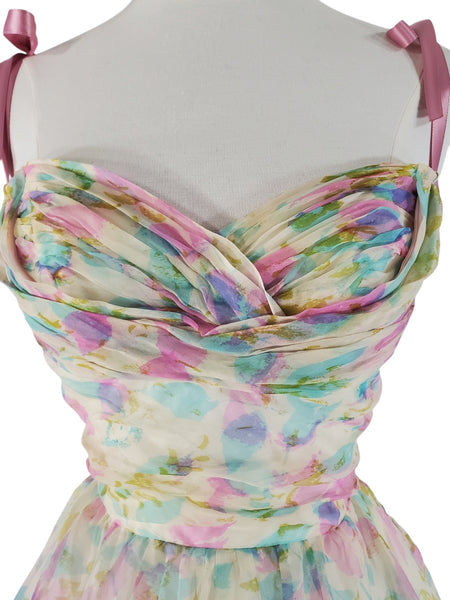 50s Watercolor Silk Full-Skirt Party Dress AS IS