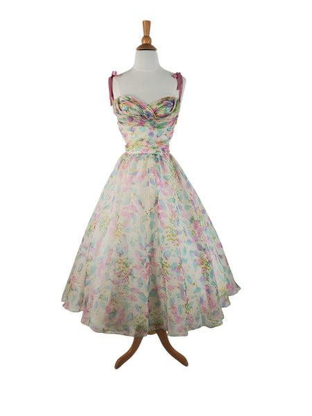 Vintage 50s watercolor print silk party dress AS IS - front view