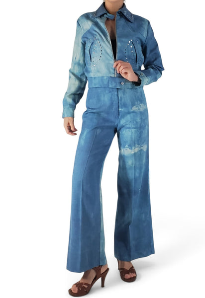 80s studded acid-wash denim pant suit