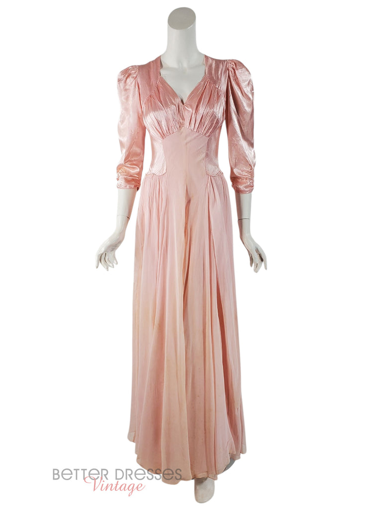 40s Peach Pink Satin and Crepe Gown - AS IS