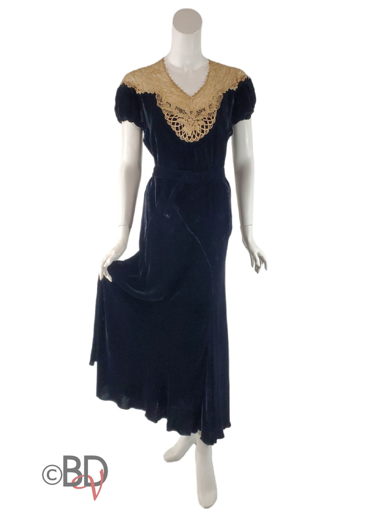 30s Black Velvet Evening Dress