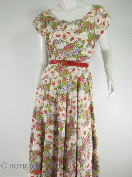 50s Circle Skirt Floral Day Day at Better Dresses Vintage. with red belt and no crinoline.