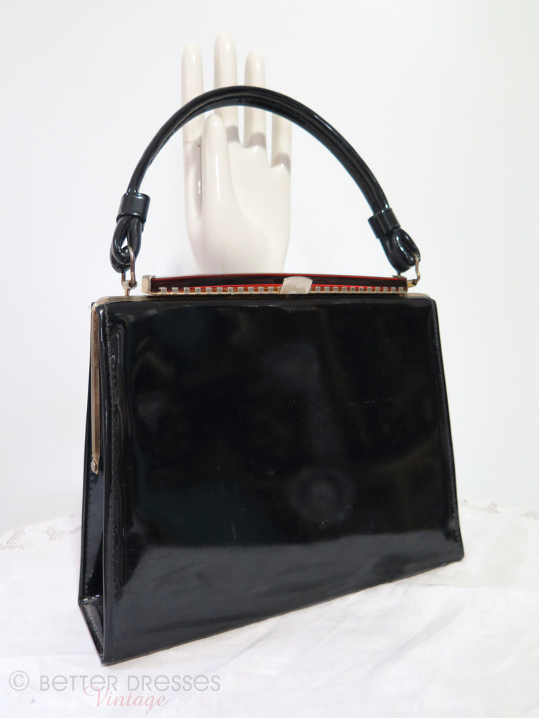 Sac à main à cadre verni noir des années 50/60