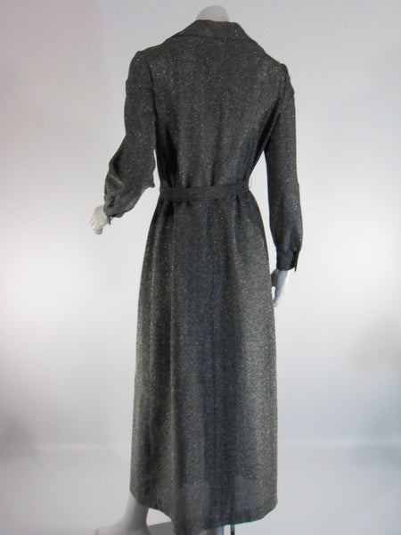 Vintage 70s Leslie Fay silver metallic knit hostess maxi dress at Better Dresses Vintage. back view