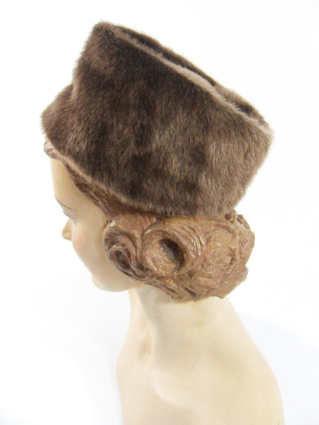 60s Brown Faux Fur Pillbox Hat by Pierpont