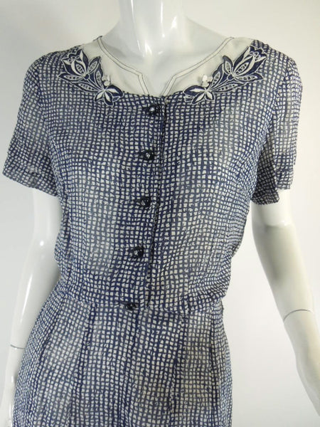 40s Nelly Don Navy Voile Day Dress at Better Dresses Vintage. Close view.