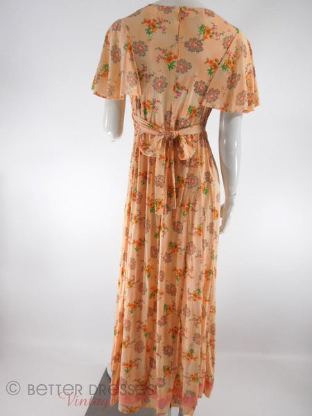 70s Peach Floral Flutter Sleeve Maxi
