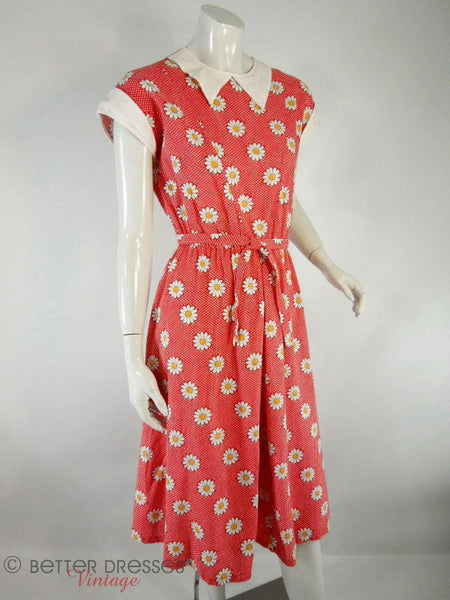 60s Russian Day Dress in Red With Daisies