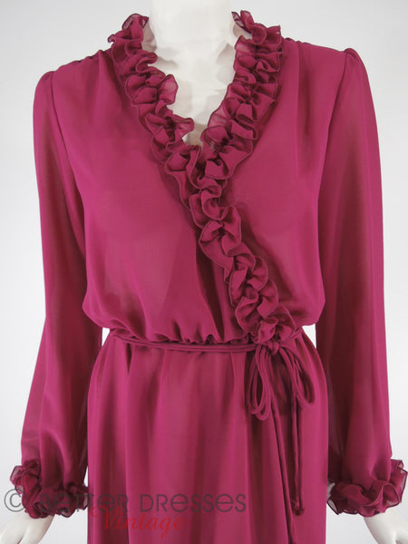 70s/80s Ruffle Cross-Front Dress - close view