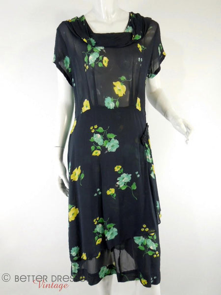 1930s to 40s black rayon day dress with yellow and green roses at Better Dresses Vintage. Full view.