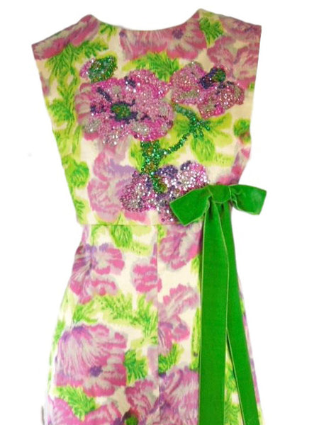 60s Fuchsia and Green Beaded Gown