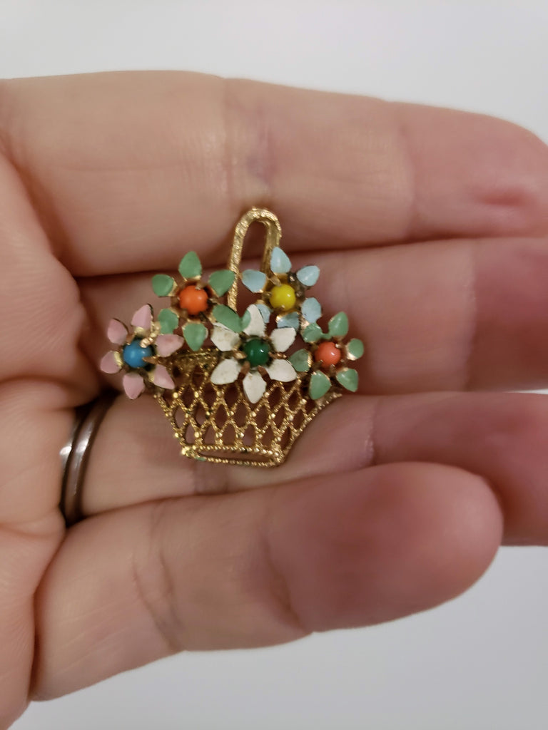 Vintage Flower Basket Enameled Brooch
