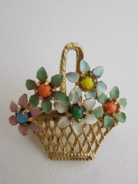 Vintage Brooch Enameled Filigree Flower Basket