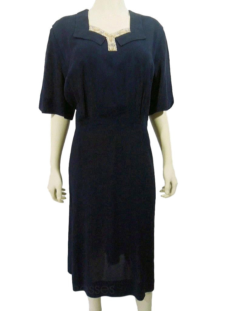 40s Navy Blue Rayon Day Dress - front