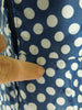 Vintage 50s 60s navy polka dot dress at Better Dresses Vintage. Pull near zipper.
