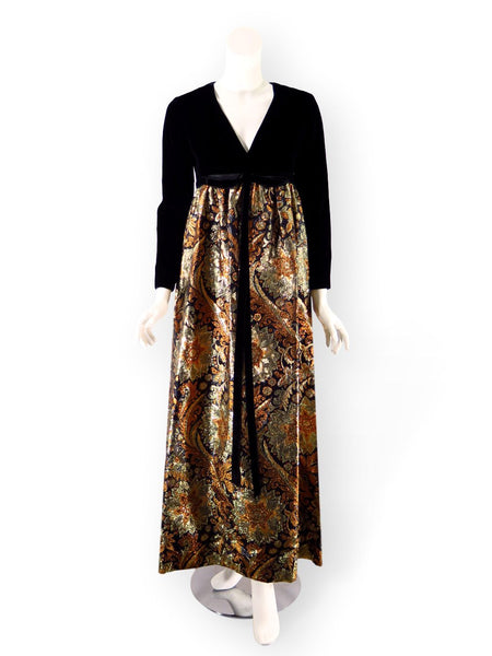 60s maxi dress in velvet and metallic brocade