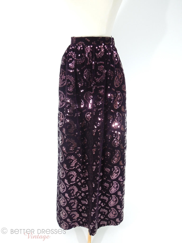 70s or 80s Oscar de la Renta deep plum velvet skirt with sequined paisleys at Better Dresses Vintage. View from above.