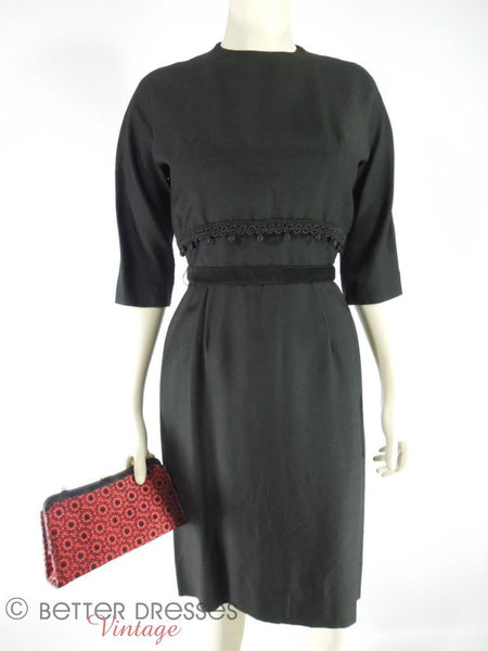 50s black Henry Lee cocktail dress at Better Dresses Vintage. Front view with belt.