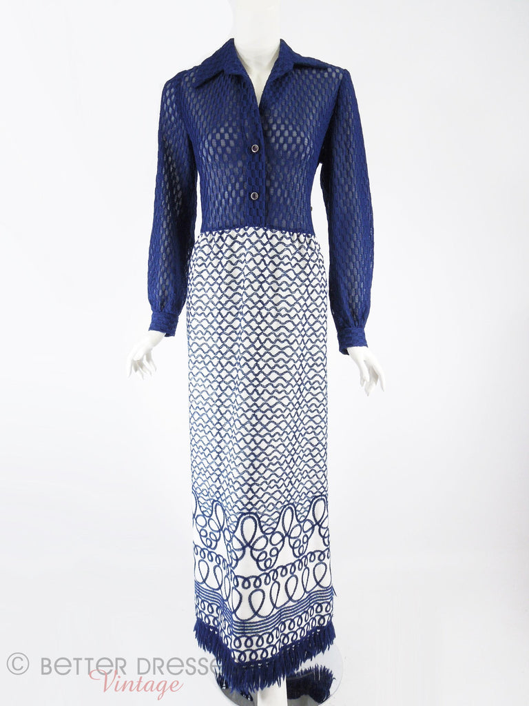 60s/70s Blue + White Embroidered Maxi - full front view