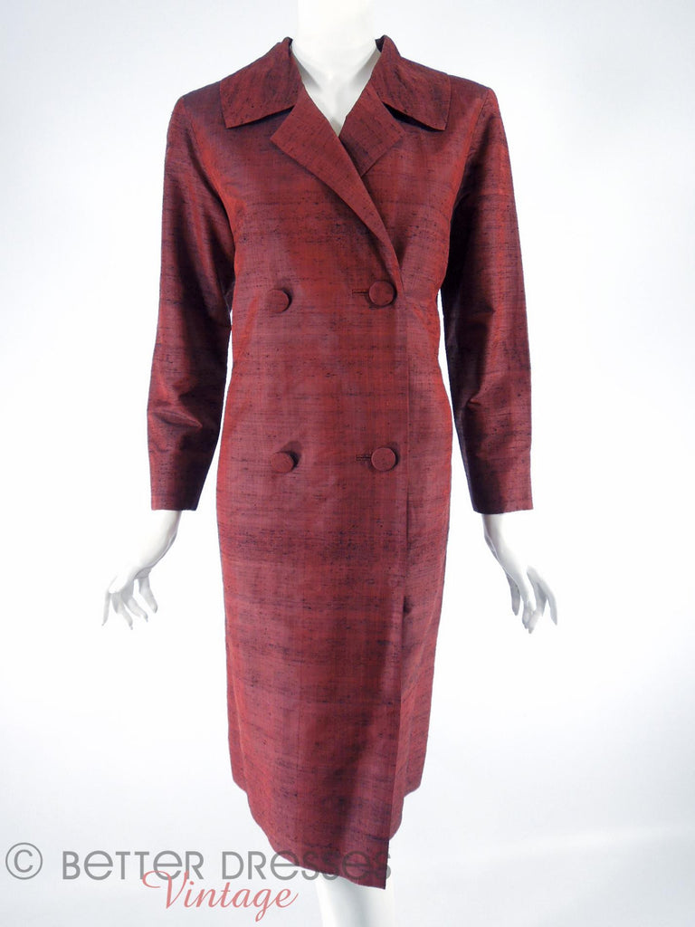 Vintage Rust Red Raw Silk Coat Dress - front