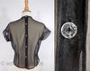 50s Black Nylon Ruffle Front Sheet Blouse at Better Dresses Vintage - back and button