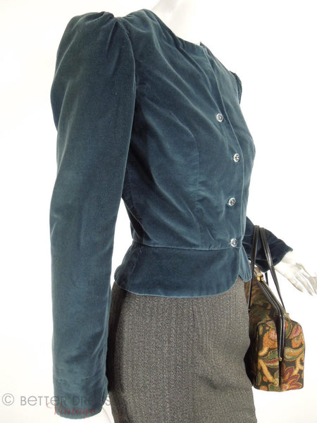 1970s Blue Velvet Peplum Jacket at Better Dresses Vintage. - angle view