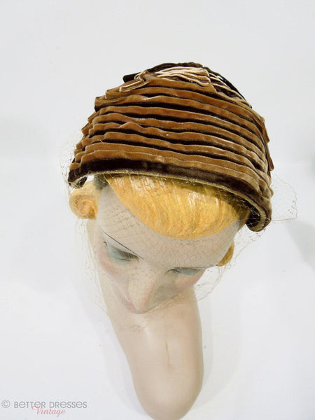 40s Brown Ribbon Bonnet-Style Veil Hat at Better Dresses Vintage. Top view.
