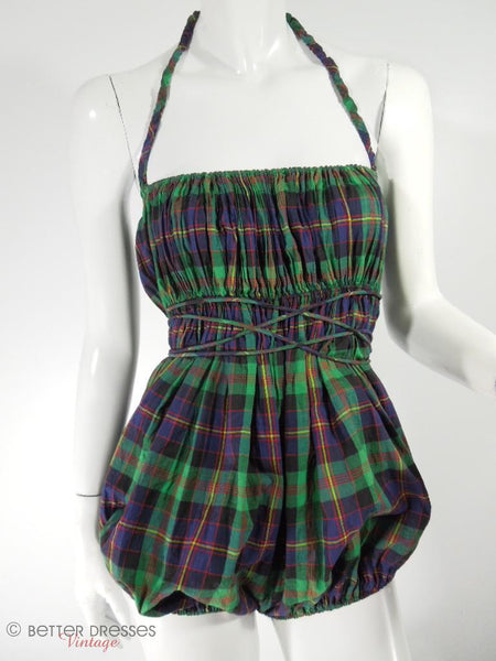 40s Claire McCardell playsuit in blue plaid at Better Dresses Vintage. closer view