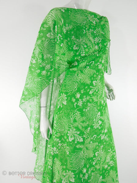 70s Priscilla of Boston Green Fern Print One-Shoulder Maxi Bridesmaid Formal Gown and Wrap at Better Dresses Vintage. Wrap, close view.