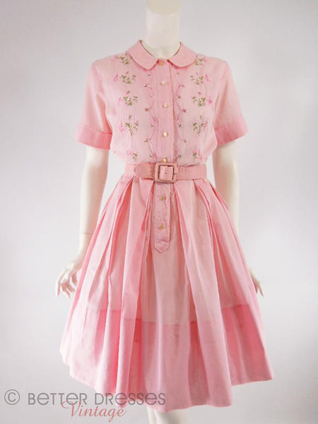 50s/60s Embroidered Pink Cotton Shirtwaist