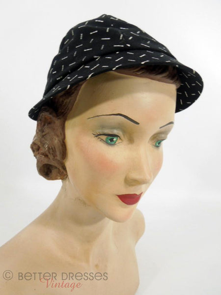 1950s black and white calot style hat at Better Dresses Vintage - front angle view