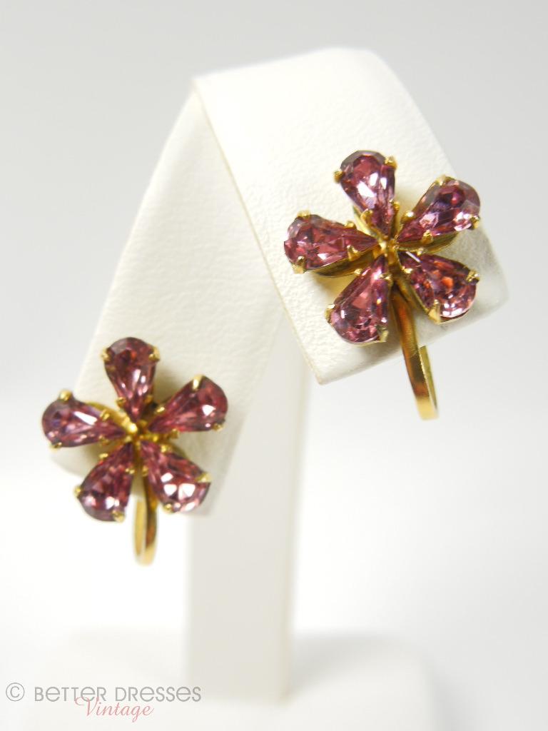 1940s Pink Rhinestone Flower Screwback Earrings