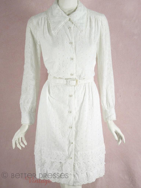 1970s 70s White cotton eyelet shirtwaist dress at Better Dresses Vintage