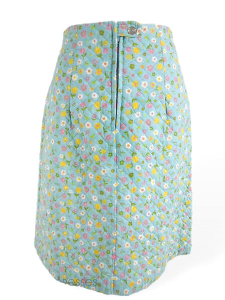 jupe vintage des années 60 A Line en floral matelassé bleu aqua