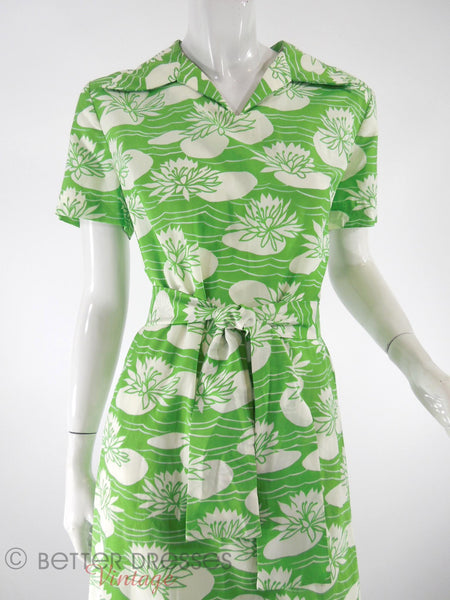 60s/70s Green&White Lily Pad Shift Dress - close
