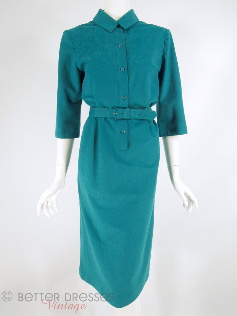 70s Willi of California Teal Ultrasuede Shirtwaist Dress at Better Dresses Vintage