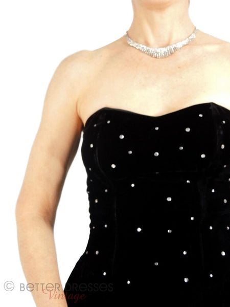 80s Black Velvet Strapless Dress - close up
