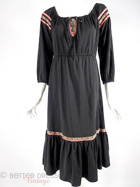 70s Boho Black Dress With Ethnic Trim