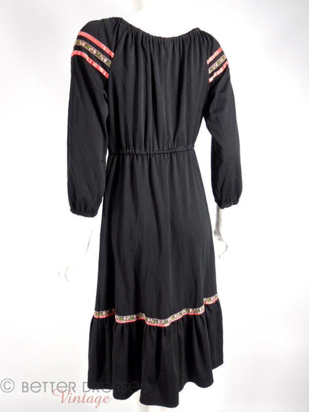 70s Boho Black Dress With Ethnic Trim