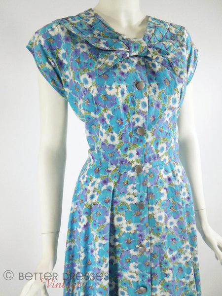 1940s House Dress Blue and Purple Floral by Kenrose - closeup