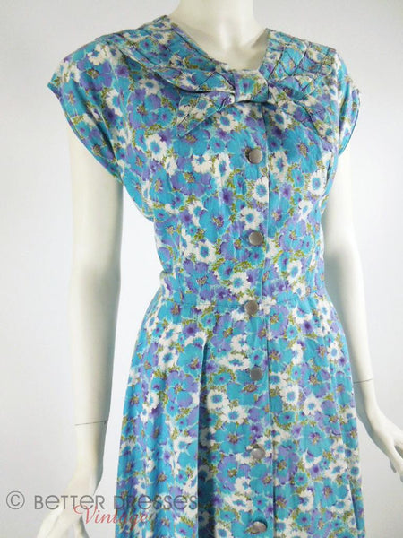 1940s House Dress Blue and Purple Floral by Kenrose - closeup