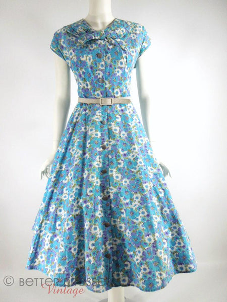 1940s House Dress Blue and Purple Floral by Kenrose