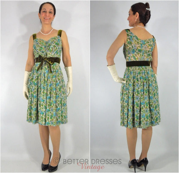 Vintage silk floral dress in blue and green - no crinoline.