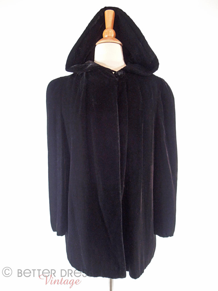 40s Hooded Velvet Opera Jacket - hood up, front view